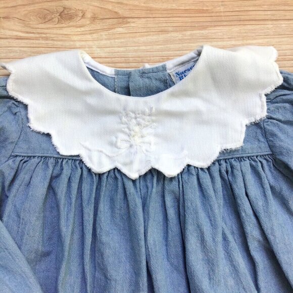 Nursery Rhyme Full Circle Dress Girls 4T Wide Collar Blue Chambray Cottage 1990s - Picture 3 of 10